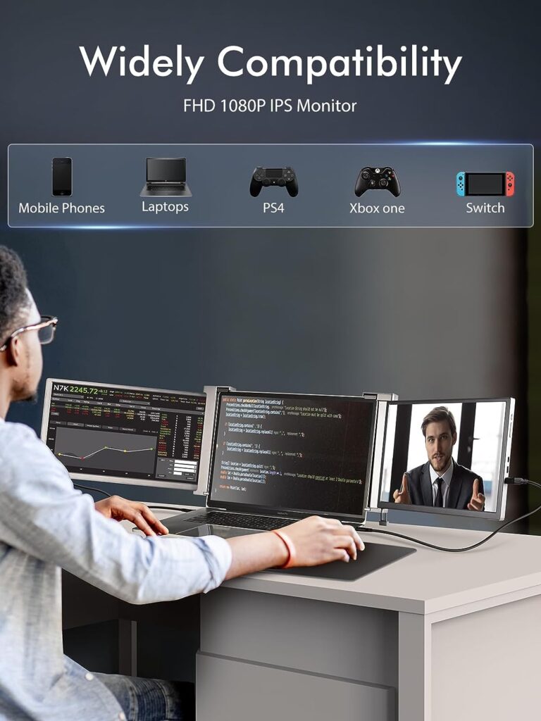 FOPO 13.3 Triple Laptop Screen Extender FHD 1080P IPS Triple Portable Monitor for Dual Screen Display, Triple Screen for 14-17.3 Laptop,HDMI/USB-C Plug and Play -S16