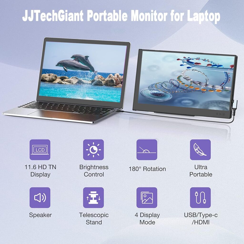 JJTechGiant Laptop Screen Extender 11.6 inch HD IPS Portable Monitor HDMI/USB-A/USB-C Laptop Monitor Extender Plug and Play No Driver for Windows/Chrome/Mac/Desktop/ PS4/ Xbox/Switch/Phone