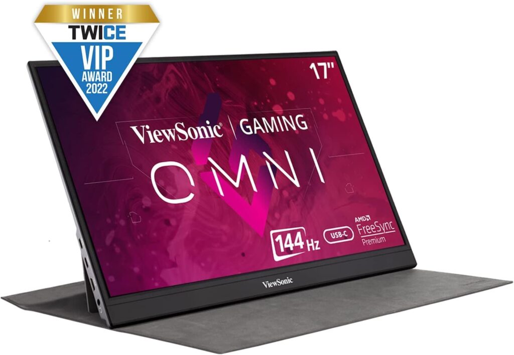 ViewSonic VX1755 17 Inch 1080p Portable IPS Gaming Monitor with 144Hz, AMD FreeSync Premium, 2 Way Powered 60W USB C, Mini HDMI, and Built in Stand with Cover for Home and Esports, 9.7x15.6x0.7