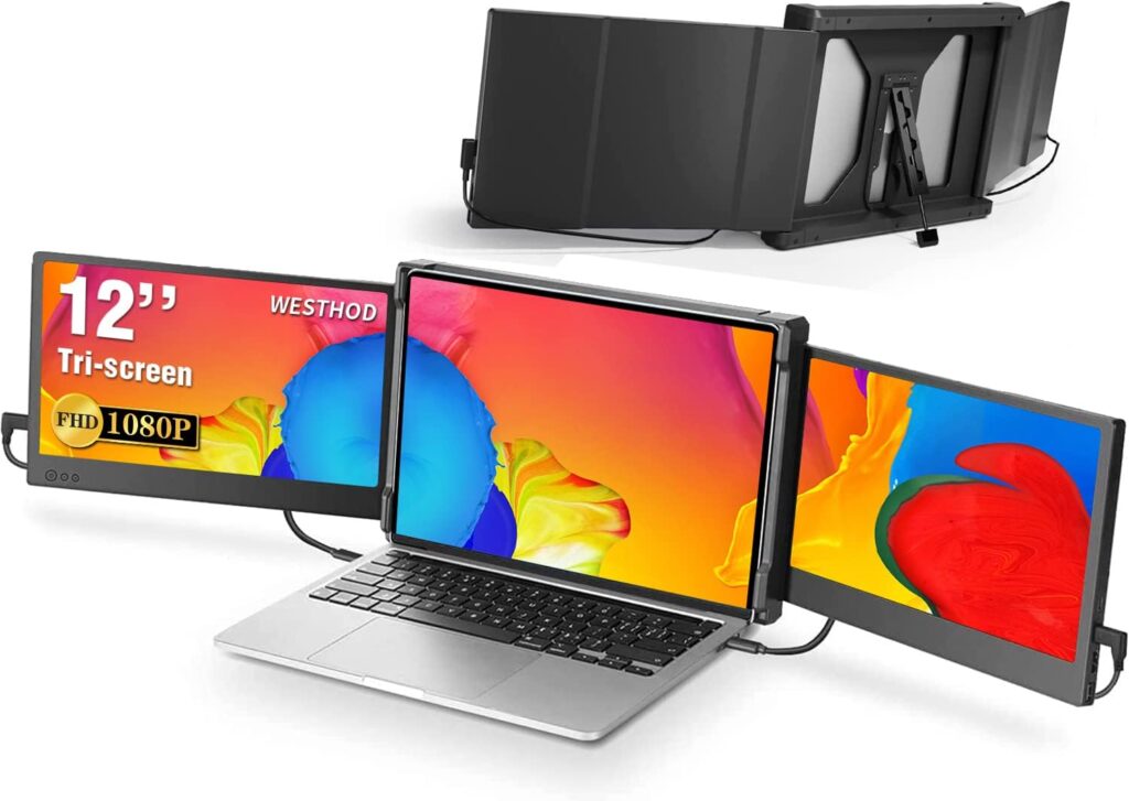 WESTHOD Laptop Screen Extender, 12 Portable Monitor for Laptop FHD IPS Triple Monitor Display, HDMI/USB-A/Type-C Plug-Play Tri-Screen for Windows, Chrome, Mac and Switch, Work with 13â-16â Laptops