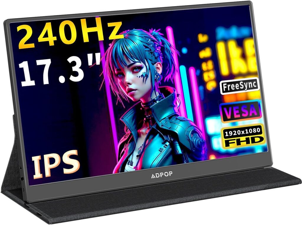 ADPOP Portable Monitor 17.3 Inch, IPS 240Hz 1080P HDR Laptop Computer Monitor Screen Extender, HDMI USB-C Second Monitor, VESA Gaming Monitor with Dual Speakers for PC/Mac/Phone/Xbox/Switch/PS4/PS5
