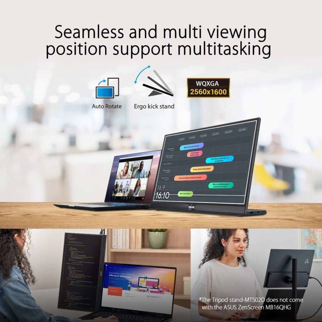 ASUS ZenScreen 16” 16:10 Portable Monitor (MB16QHG) - WQXGA (2560 x 1600), IPS, 120Hz, 100% DCI-P3, Eye Care, L-Shaped Kickstand, Tripod Mountable, USB-C, HDMI, DisplayHDR™ 400, 3-Year Warranty