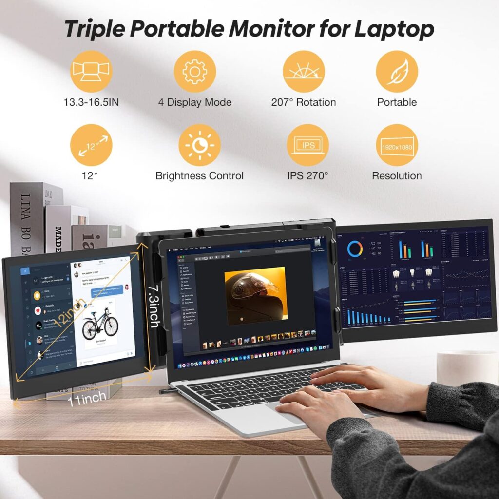 JJTechGiant Triple Portable Monitor for Laptop Screen Extender Dual Monitor 12 Inch FHD 1080P Tri Screen Display One Type-C Cable Connect for 13.3-16.5 Inch Laptop【MacBook Only】
