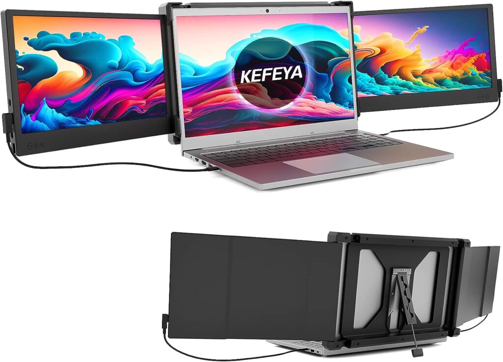 KEFEYA Laptop Screen Extender, 12 Triple Screen Monitor for 13-16 Inch Laptops, Portable Monitor for Laptop with Full HD IPS Display for Mac, Windows, Chrome and Switch, Plug and Play