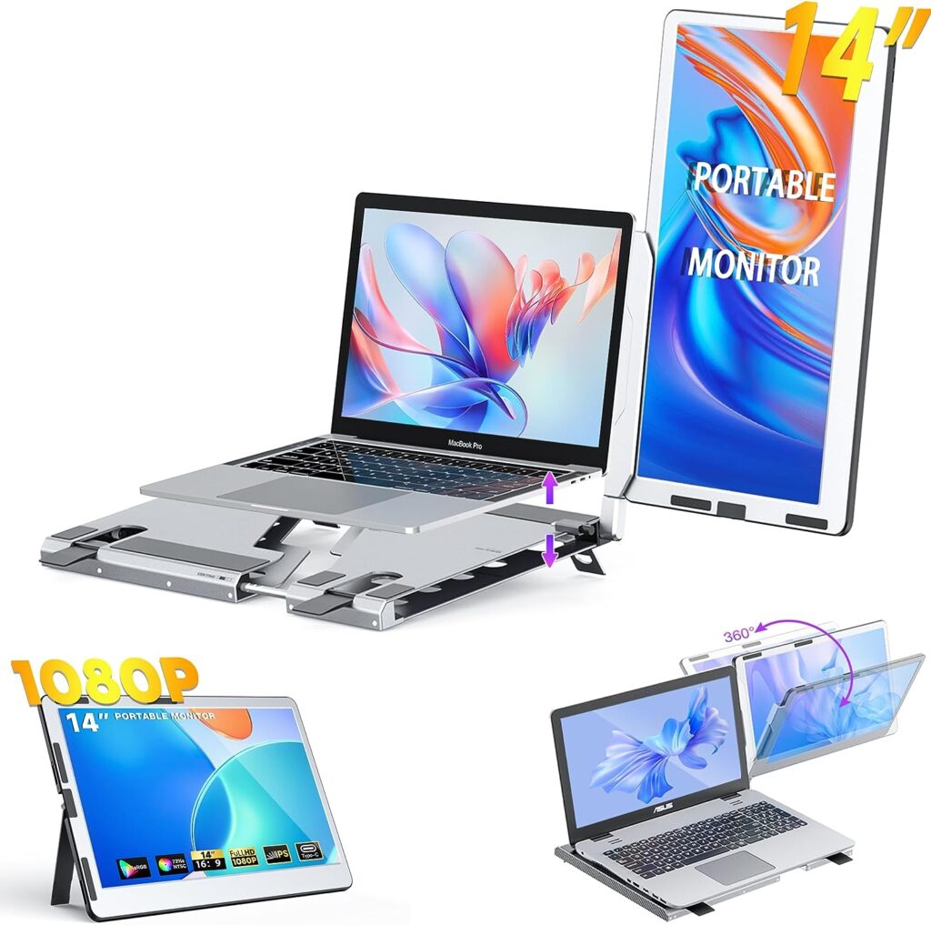 Portable Monitor Laptop Screen Extender Kwumsy F1 Aluminum alloy 14 Display Multi-angle FHD 1080P IPS Type-C/Mini HDMI Laptop Monitor Extender for PS5 Compatible with MacBook Windows PC/Notebook