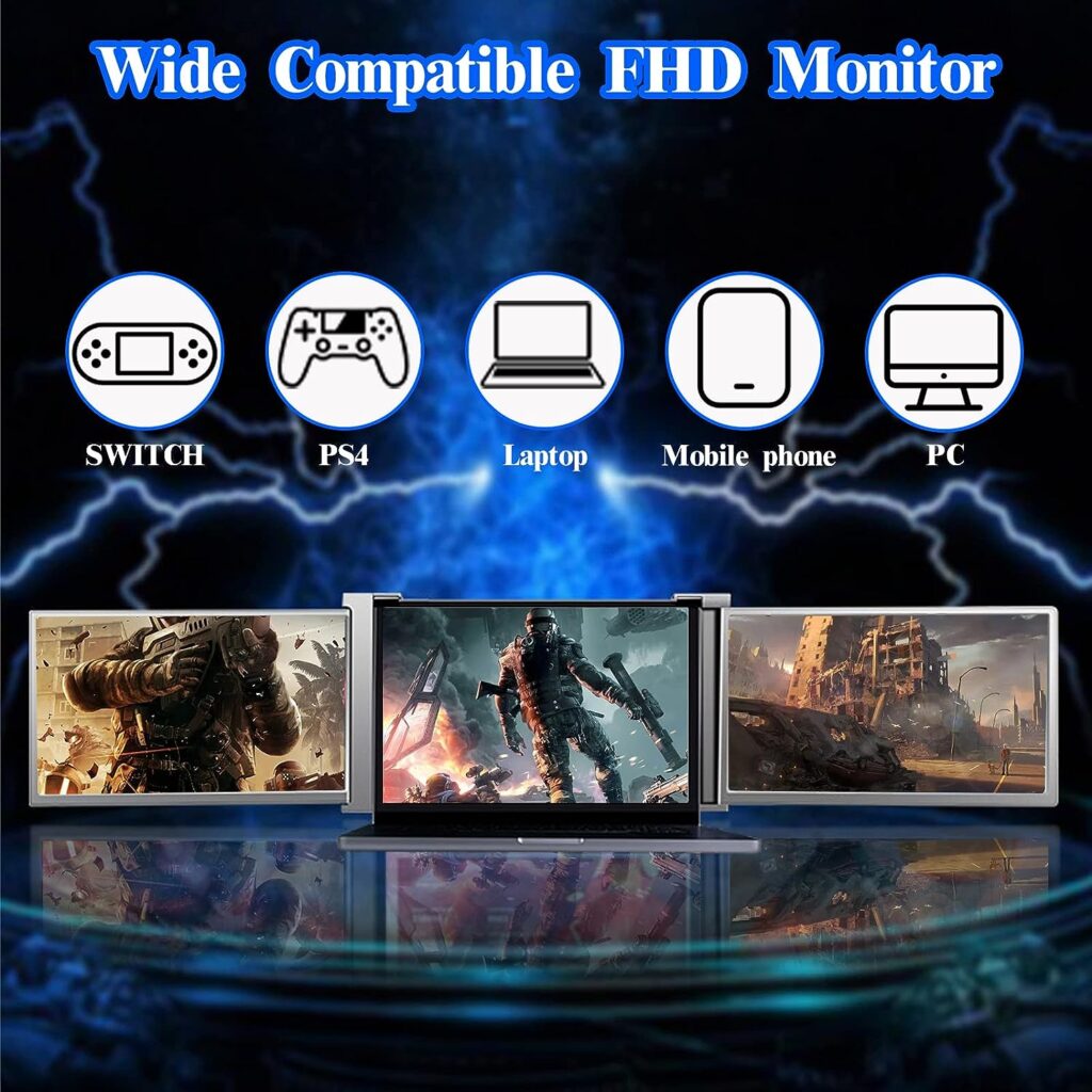 Triple Portable Monitor, 15 Inch Laptop Monitor Screen Extender for Laptop, Dual Monitor Extender, Full HD IPS Display, Support Windows/MAC System, Type-C/HDMI Port, Work with 15”-17” Laptops (Grey)