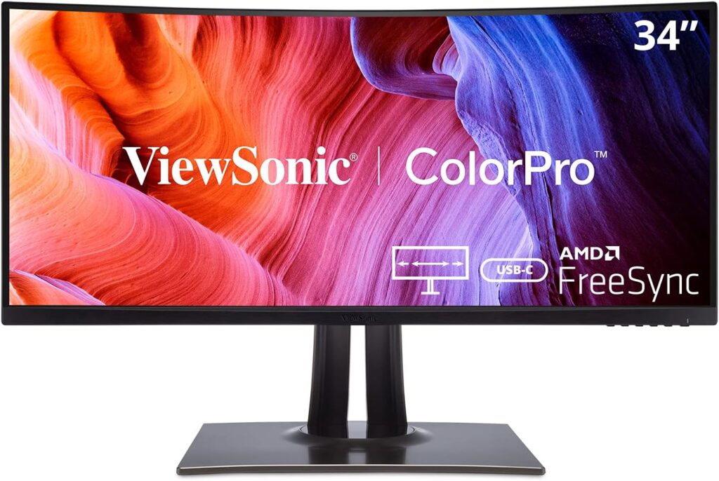 ViewSonic VP3481a 34-Inch WQHD+ Curved Ultrawide USB C Monitor with FreeSync, 100Hz, ColorPro 100% sRGB Rec 709, 14-bit 3D LUT, Eye Care, 90W USB C, HDMI, DisplayPort for Home and Office